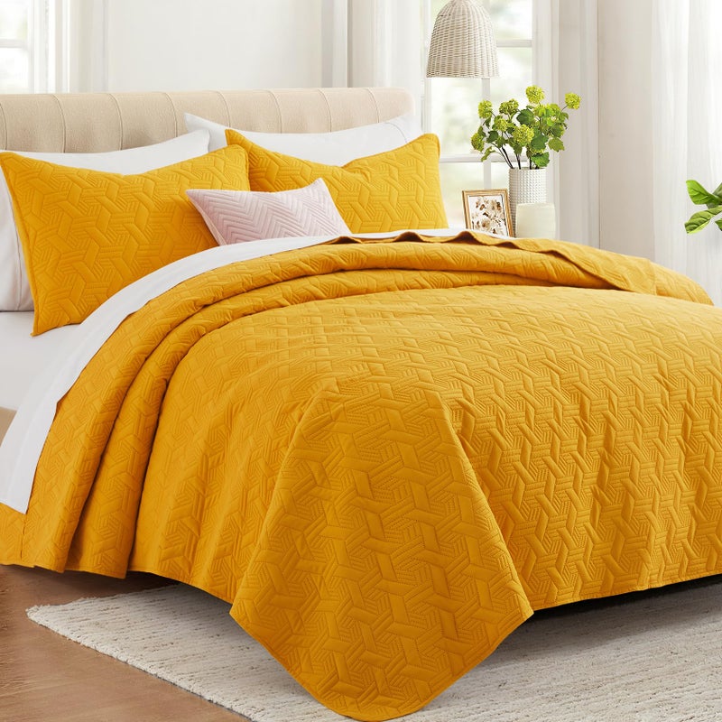 Lavsiry Queen Mustard Quilt Bedding Set  Summer Lightweight Full Size Yellow Basket Pattern Bedspread & Coverlet  Soft Microfiber Thin Comforter Set for All Seasons - 3 Piece(1 Quilt  2 Pillow Shams) - Image 1