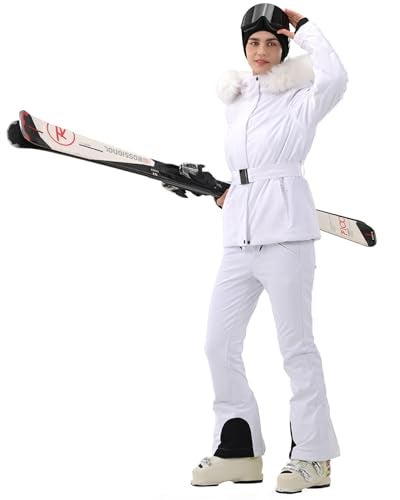 HIGH EXPERIENCE Women's Ski Jacket Snowboard Fitted Slim Belted Snow Coat Warm Winter Mountain Waterproof Windproof Insulated Hooded (US, Alpha, Medium, Regular, Regular, White) - Image 2