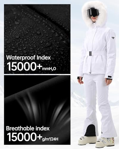HIGH EXPERIENCE Women's Ski Jacket Snowboard Fitted Slim Belted Snow Coat Warm Winter Mountain Waterproof Windproof Insulated Hooded (US, Alpha, Medium, Regular, Regular, White) - Image 4