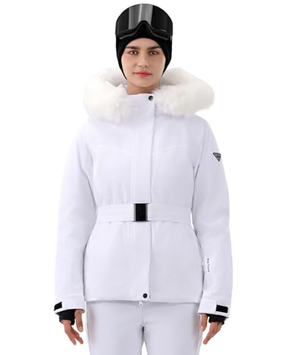 HIGH EXPERIENCE Women's Ski Jacket Snowboard Fitted Slim Belted Snow Coat Warm Winter Mountain Waterproof Windproof Insulated Hooded (US, Alpha, Medium, Regular, Regular, White) - Image 1