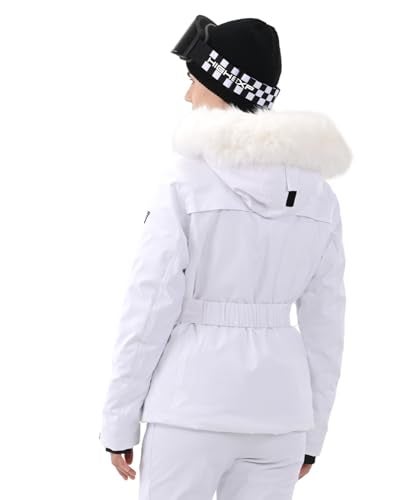 HIGH EXPERIENCE Women's Ski Jacket Snowboard Fitted Slim Belted Snow Coat Warm Winter Mountain Waterproof Windproof Insulated Hooded (US, Alpha, Medium, Regular, Regular, White) - Image 3