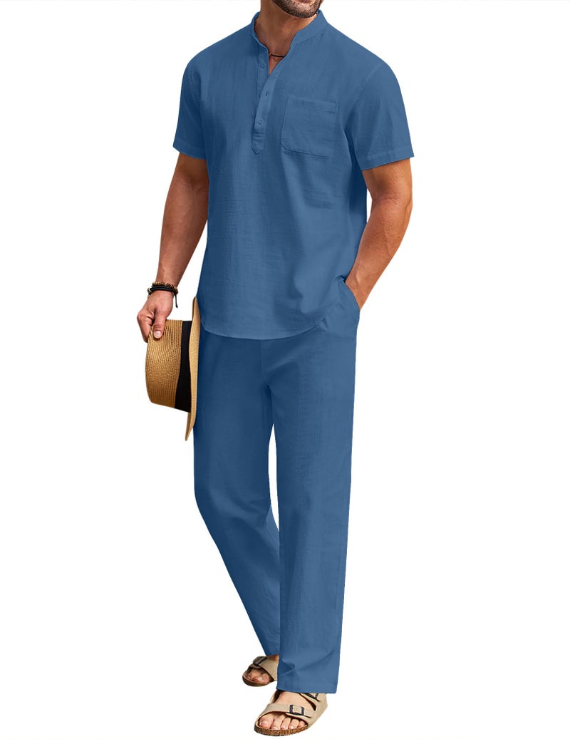COOFANDY Mens 2 Pieces Cotton Linen Set Henley Shirts Short Sleeve And Casual Beach Pants With Pockets Summer Yoga Outfits - Image 2