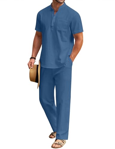 COOFANDY Mens 2 Pieces Cotton Linen Set Henley Shirts Short Sleeve And Casual Beach Pants With Pockets Summer Yoga Outfits - Image 1