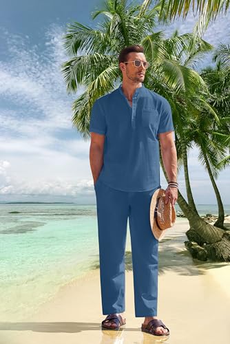 COOFANDY Mens 2 Pieces Cotton Linen Set Henley Shirts Short Sleeve And Casual Beach Pants With Pockets Summer Yoga Outfits - Image 3