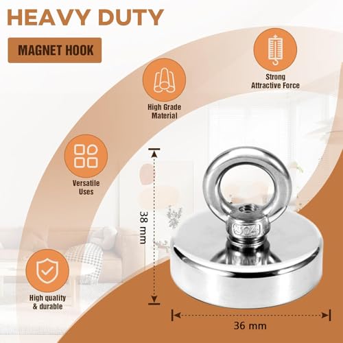 Gozaqe Strong Fishing Magnet,36 mm Strong Magnets Heavy Duty,39 Kgf Vertical Pulling Force Fishing Magnets with Eyebolt for Salvage Metal,Heavy Duty Hook for Ceiling - Image 3