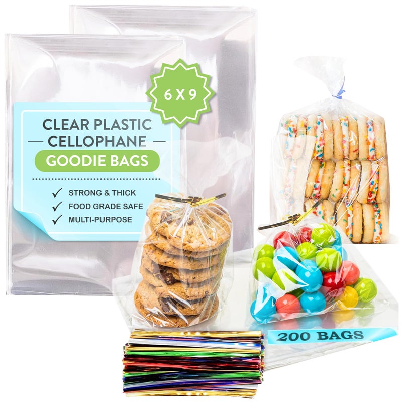 TATTI TATTI 200 Pack Clear Cellophane Bags for Favors  Transparent Goodie Bags for Birthday Party 6x9 Inch Clear Bags with 5Inch Twist Ties  Candy Treat Cookie Bags for Gift Giving