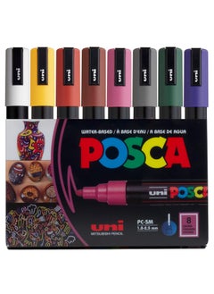 POSCA posca Markers Set, 8 Medium Paint Markers 5M - Dark Tones - White, Ochre, Ruby Red, Cacao Brown, Raspberry, Deep Grey, English Green, Prussian Blue  - Image 1