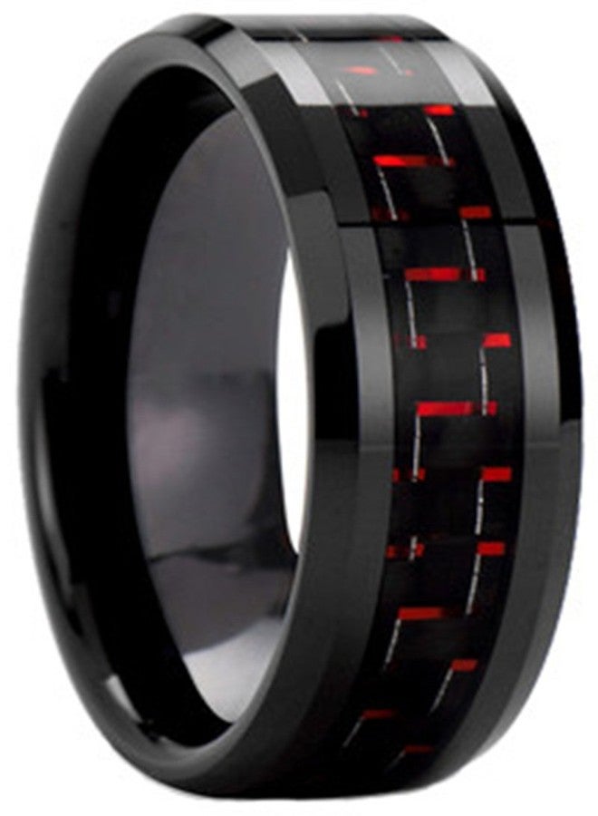 AZYOUNG Black Tungsten Carbide Black Red Carbon Fiber Inlaid Wedding Band Ring - 8MM(10) - Image 1