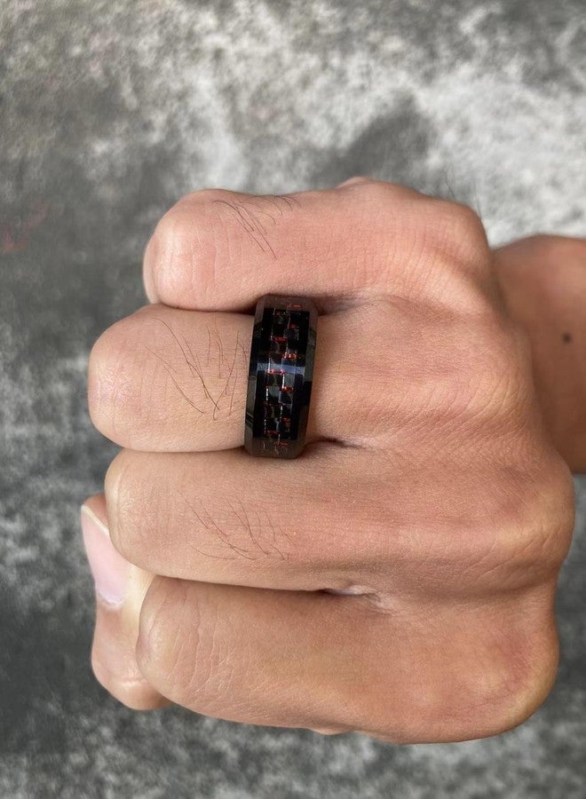 AZYOUNG Black Tungsten Carbide Black Red Carbon Fiber Inlaid Wedding Band Ring - 8MM(10) - Image 5