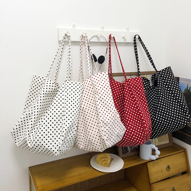Summer Commuter Wave Point Canvas Bag Ins Casual Simple Large Capacity Shopping Bag Women'S Bag Fashionable Korean Style Shoulder Bag - Image 5