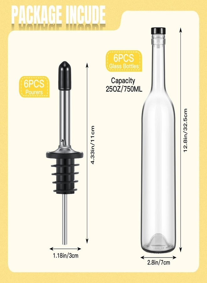 Baderke مجموعة بادركي من 6 زجاجات طويلة العنق مع صبّاب وأغطية، زجاجة شراب نبيذ شفافة مع صنبور للمشروبات الكحولية والعصائر، إكسسوارات منزلية للحفلات والمطبخ (ستانلس ستيل) - Image 2