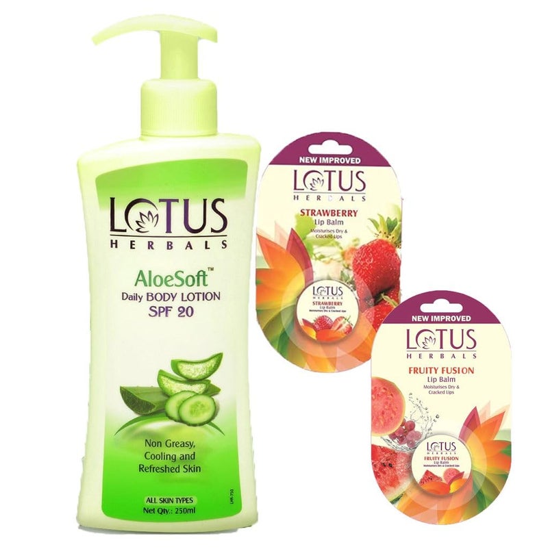 LOTUS HERBALS Lotus Herbals Winter Kit Aloesoft Daily Hand Body Lotion250ml Lip BalmStrawberry5g Lip BalmFruity Fusion5g Set Of 3 