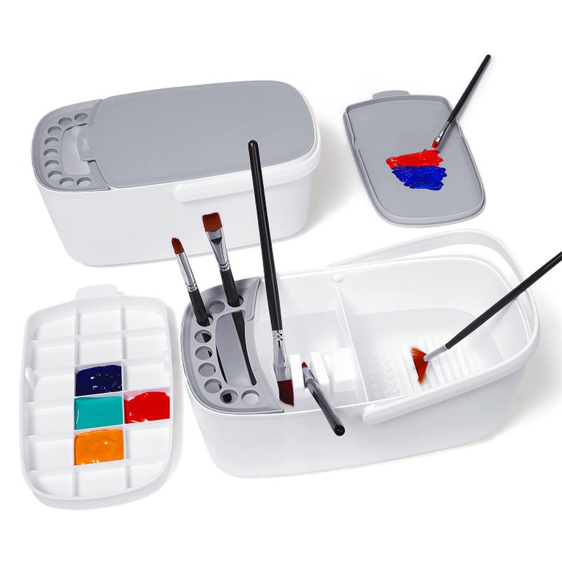 GAMENOTE Paint Brush Cleaner - Paint Brush Holder with Palette and Handle,Rinser for Acrylic, Watercolor, and Water-Based Paints, Painting Art Supply Storage Organizer (White+Grey) - Image 1