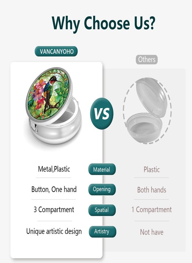 VANCANYOHO Pill Box-3 Compartment Small Pill Case for Purse & Pocket Mini Metal Pill Holder Travel Pill Container to Hold Supplements Vitamins BPA-Free (Hummingbird) - Image 4