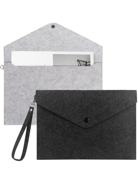 File Folder, Felt A4 Document Holder File Organizer Filing Envelope Portfolio Case Tablet Sleeve with Button Closure and Wrist Strap for Home School Office Stationery Grey and Black