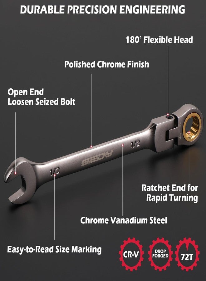 SEDY Premium 12-Piece SAE Flex-Head Ratchet Wrenches Set 1/4"-7/8" with Magnetic Organizer, Cr-V Steel Ratcheting Wrench Set with 72 Teeth 180° Flex Head, Ratchet Combination Wrench Set for Repair - Image 5