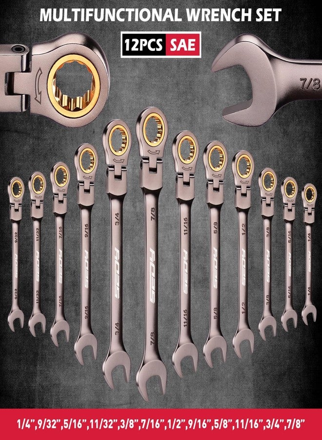 SEDY Premium 12-Piece SAE Flex-Head Ratchet Wrenches Set 1/4"-7/8" with Magnetic Organizer, Cr-V Steel Ratcheting Wrench Set with 72 Teeth 180° Flex Head, Ratchet Combination Wrench Set for Repair - Image 2