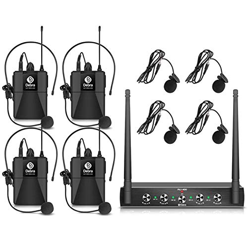 D Debra Debra Audio Pro UHF 4 Channel Wireless Microphone System with Cordless Handheld Lavalier Headset Mics, Metal Receiver, Ideal for Karaoke Church Party (with 4 Bodypack (A)) - Image 1