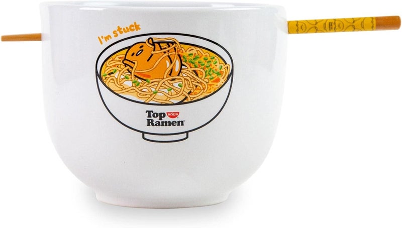 Silver Buffalo Sanrio Gudetama x Nissin Top Ramen Dream Come True Ceramic Ramen Dinnerware Set  Includes 20Ounce Noodle Bowl and Wooden Chopsticks - Image 2