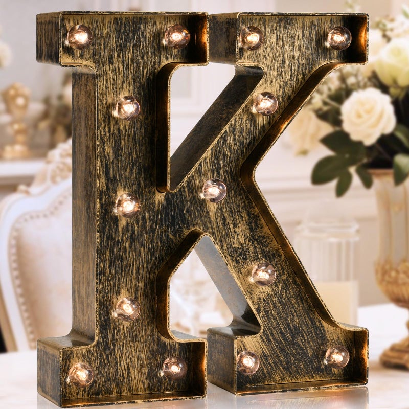 OYCBUZO Golden Black Led Marquee Letter Industrial Vintage Style Light Up Alphabet Letter Sign for Cafe Wedding Birthday Party Christmas Lamp Home Bar Initials Decor K