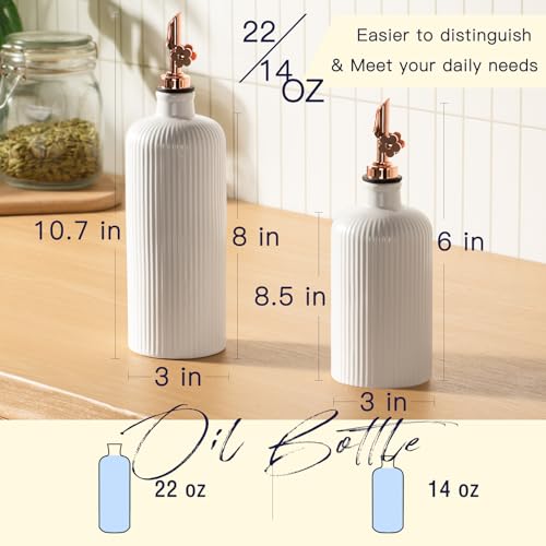Dizada Olive Oil Dispenser Bottle Set of 2 (22 Oz + 14 Oz) - Porcelain Oil and Vinegar Bottles with Stainless Steel Spout, Ceramic Kitchen Cruet, Dishwasher Safe - Image 2
