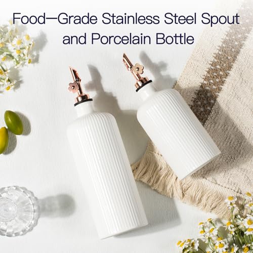 Dizada Olive Oil Dispenser Bottle Set of 2 (22 Oz + 14 Oz) - Porcelain Oil and Vinegar Bottles with Stainless Steel Spout, Ceramic Kitchen Cruet, Dishwasher Safe - Image 5