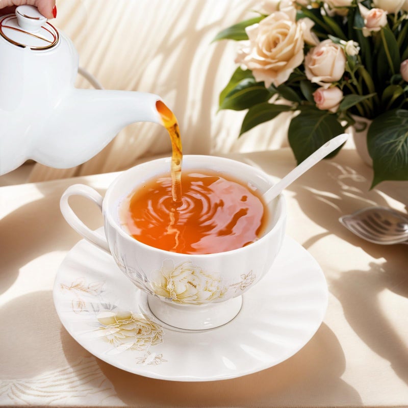 WRINGKIT Tea Cups and Saucers Set of 6, 7 Oz Floral Tea Cups, White Porcelain Tea Cup with Saucer, British Coffee Cups Sets for Women Teas Party, Cappuccino, Latte, Microwave Safe - Image 3