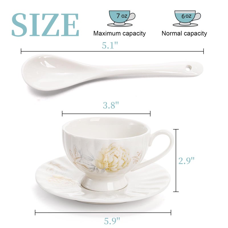 WRINGKIT Tea Cups and Saucers Set of 6, 7 Oz Floral Tea Cups, White Porcelain Tea Cup with Saucer, British Coffee Cups Sets for Women Teas Party, Cappuccino, Latte, Microwave Safe - Image 2