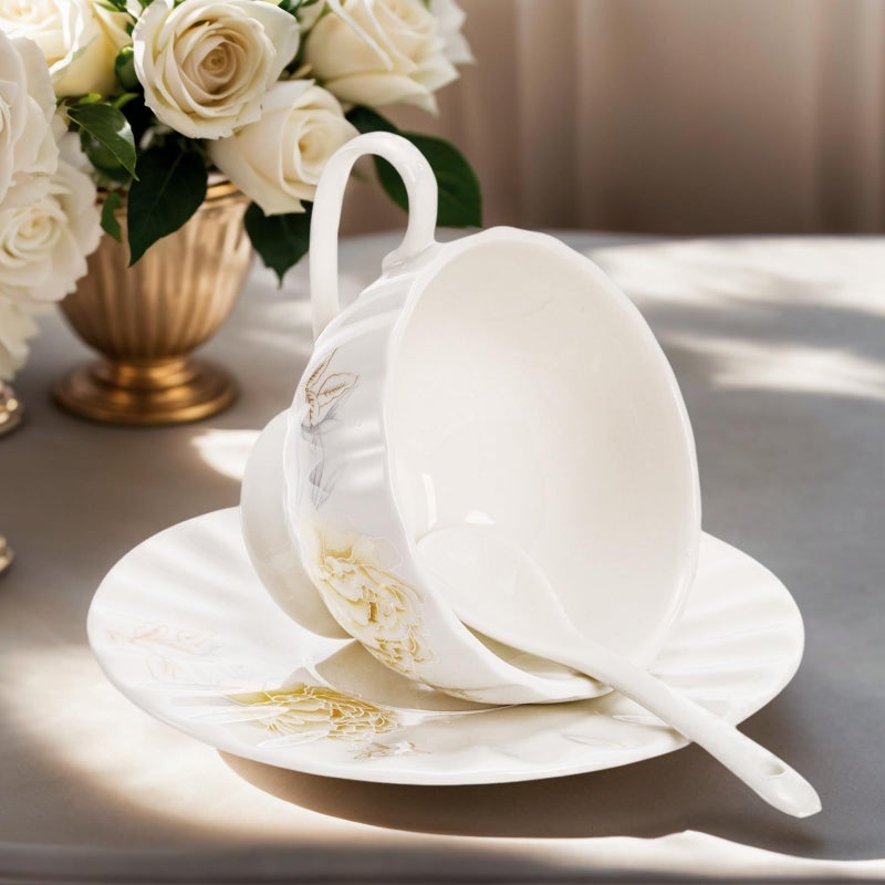 WRINGKIT Tea Cups and Saucers Set of 6, 7 Oz Floral Tea Cups, White Porcelain Tea Cup with Saucer, British Coffee Cups Sets for Women Teas Party, Cappuccino, Latte, Microwave Safe - Image 4