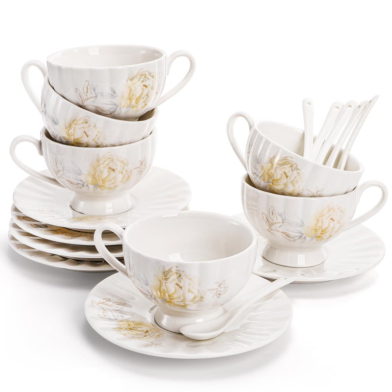 WRINGKIT Tea Cups and Saucers Set of 6, 7 Oz Floral Tea Cups, White Porcelain Tea Cup with Saucer, British Coffee Cups Sets for Women Teas Party, Cappuccino, Latte, Microwave Safe - Image 1