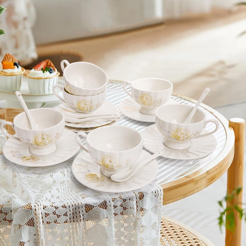 WRINGKIT Tea Cups and Saucers Set of 6, 7 Oz Floral Tea Cups, White Porcelain Tea Cup with Saucer, British Coffee Cups Sets for Women Teas Party, Cappuccino, Latte, Microwave Safe - Image 5