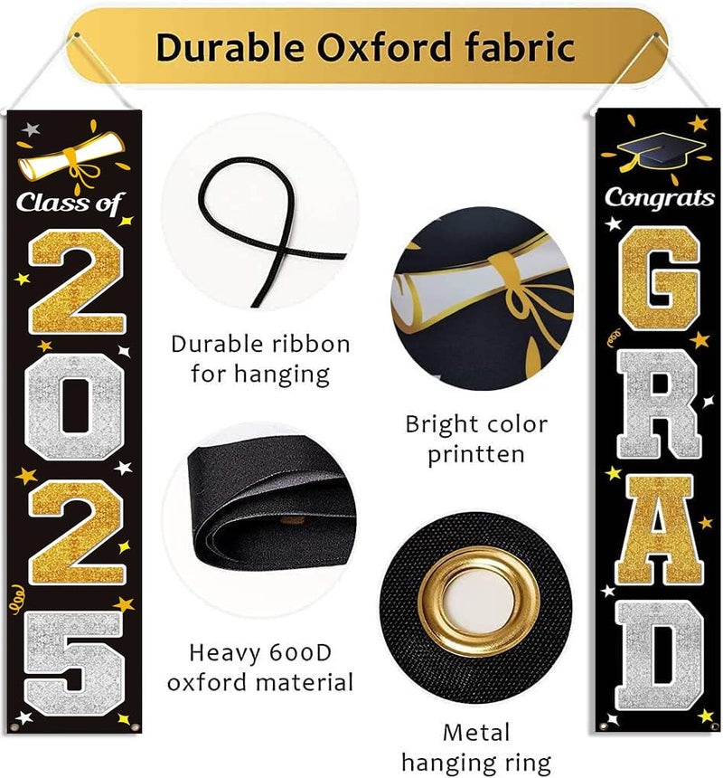 KMUYSL Graduation Decorations Class of 2025, Gold & Black Congrats Grad Banner Hanging Flags Porch Sign, 2025 Graduation Decorations Party Supplies for Any School Indoor/Outdoor Decor - Image 5