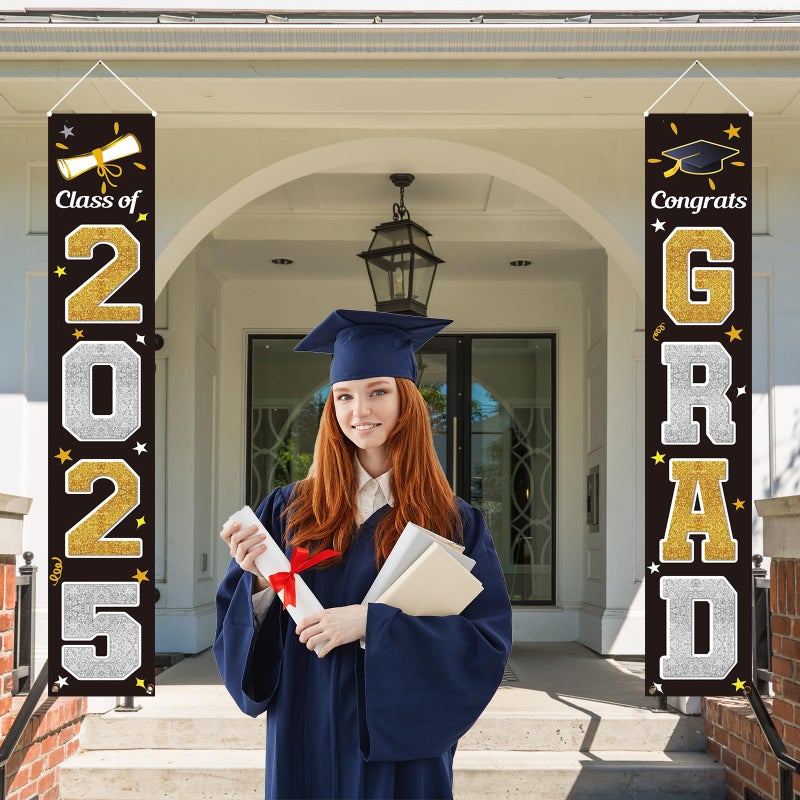 KMUYSL Graduation Decorations Class of 2025, Gold & Black Congrats Grad Banner Hanging Flags Porch Sign, 2025 Graduation Decorations Party Supplies for Any School Indoor/Outdoor Decor - Image 2