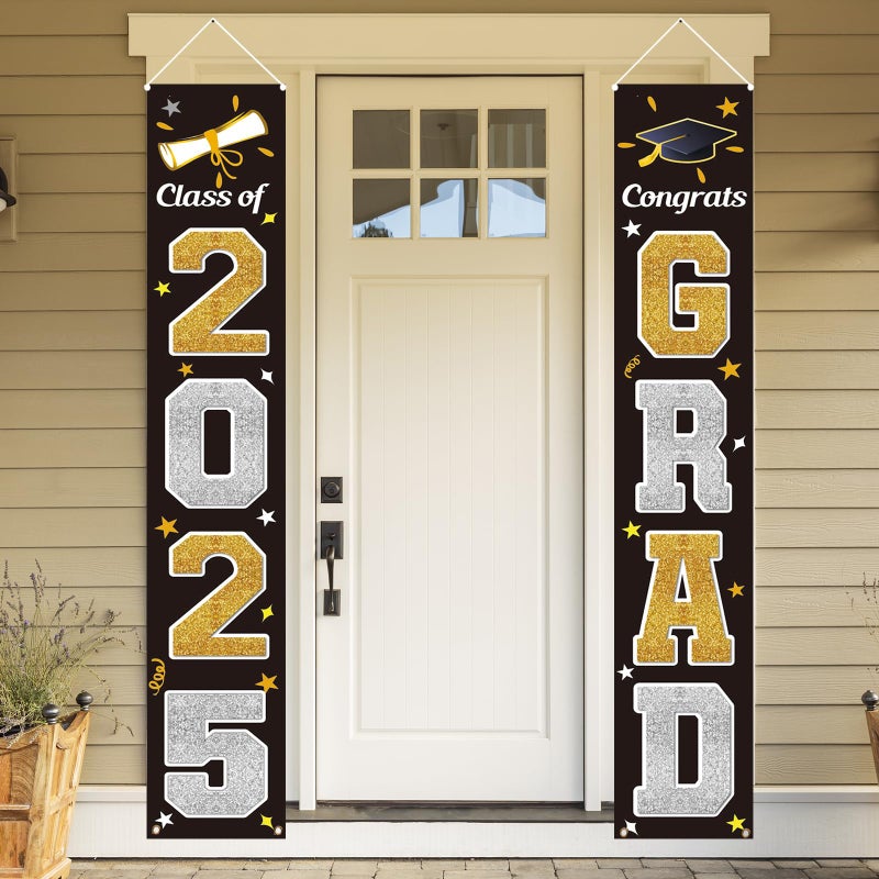 KMUYSL Graduation Decorations Class of 2025, Gold & Black Congrats Grad Banner Hanging Flags Porch Sign, 2025 Graduation Decorations Party Supplies for Any School Indoor/Outdoor Decor - Image 3