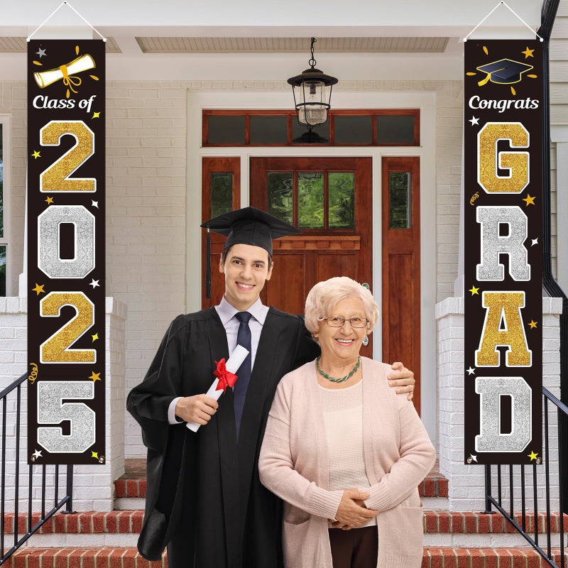 KMUYSL Graduation Decorations Class of 2025, Gold & Black Congrats Grad Banner Hanging Flags Porch Sign, 2025 Graduation Decorations Party Supplies for Any School Indoor/Outdoor Decor - Image 4
