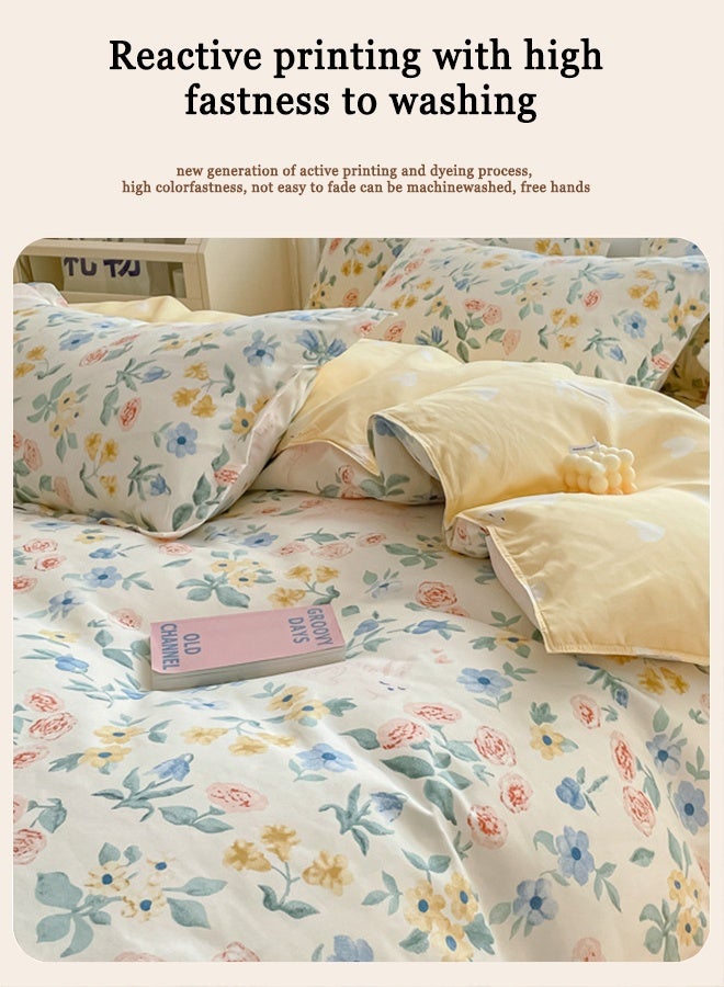 تقنية الربط الصاعد طقم سرير قطني من 4 قطع، مقاس 180×220 سم، بطبعة زهور صفراء منعشة، يتضمن غطاء لحاف، وملاءة، وأغطية وسائد - Image 3