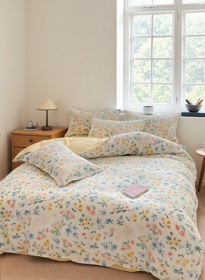 تقنية الربط الصاعد طقم سرير قطني من 4 قطع، مقاس 180×220 سم، بطبعة زهور صفراء منعشة، يتضمن غطاء لحاف، وملاءة، وأغطية وسائد - Image 1