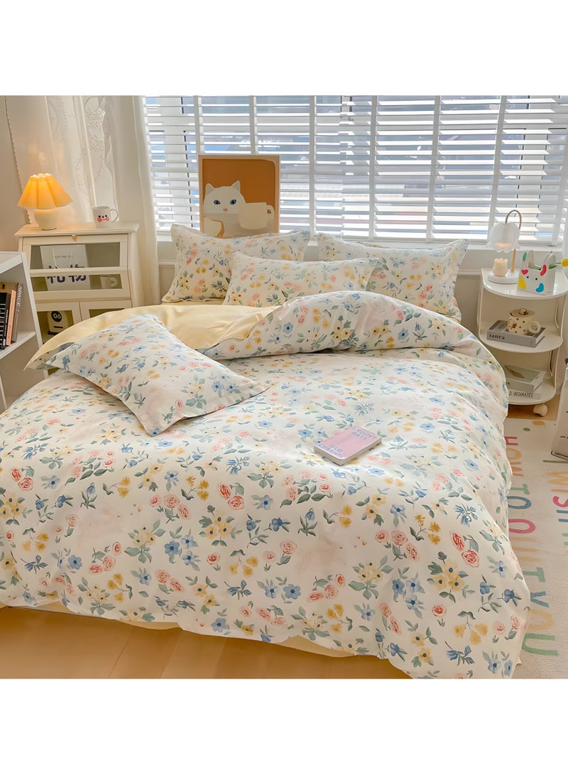 تقنية الربط الصاعد طقم سرير قطني من 4 قطع، مقاس 180×220 سم، بطبعة زهور صفراء منعشة، يتضمن غطاء لحاف، وملاءة، وأغطية وسائد - Image 5