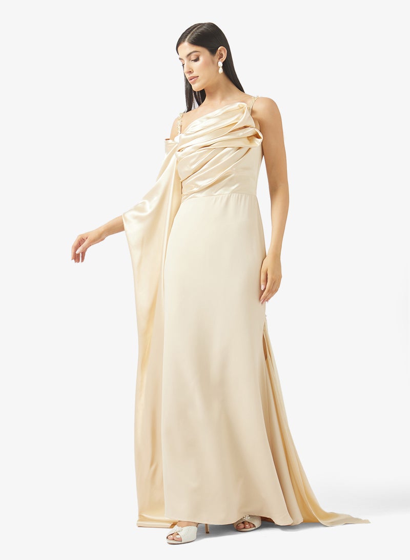 Namshi x Off Shoulder Satin Draped Evening Dress - Image 1