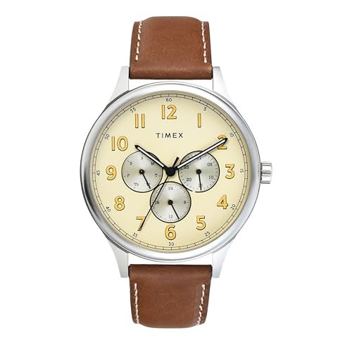 TIMEX Analog Watch for Man with Champagne Round Dial & Brown Leather Strap Band Water Resistant Men's Wrist Watches - TWEG184SMU19 - Image 1