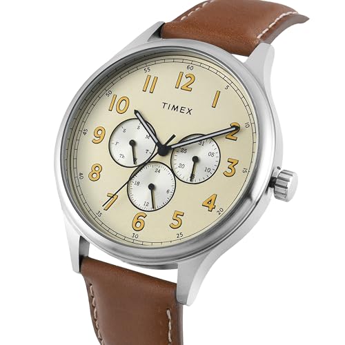 TIMEX Analog Watch for Man with Champagne Round Dial & Brown Leather Strap Band Water Resistant Men's Wrist Watches - TWEG184SMU19 - Image 2