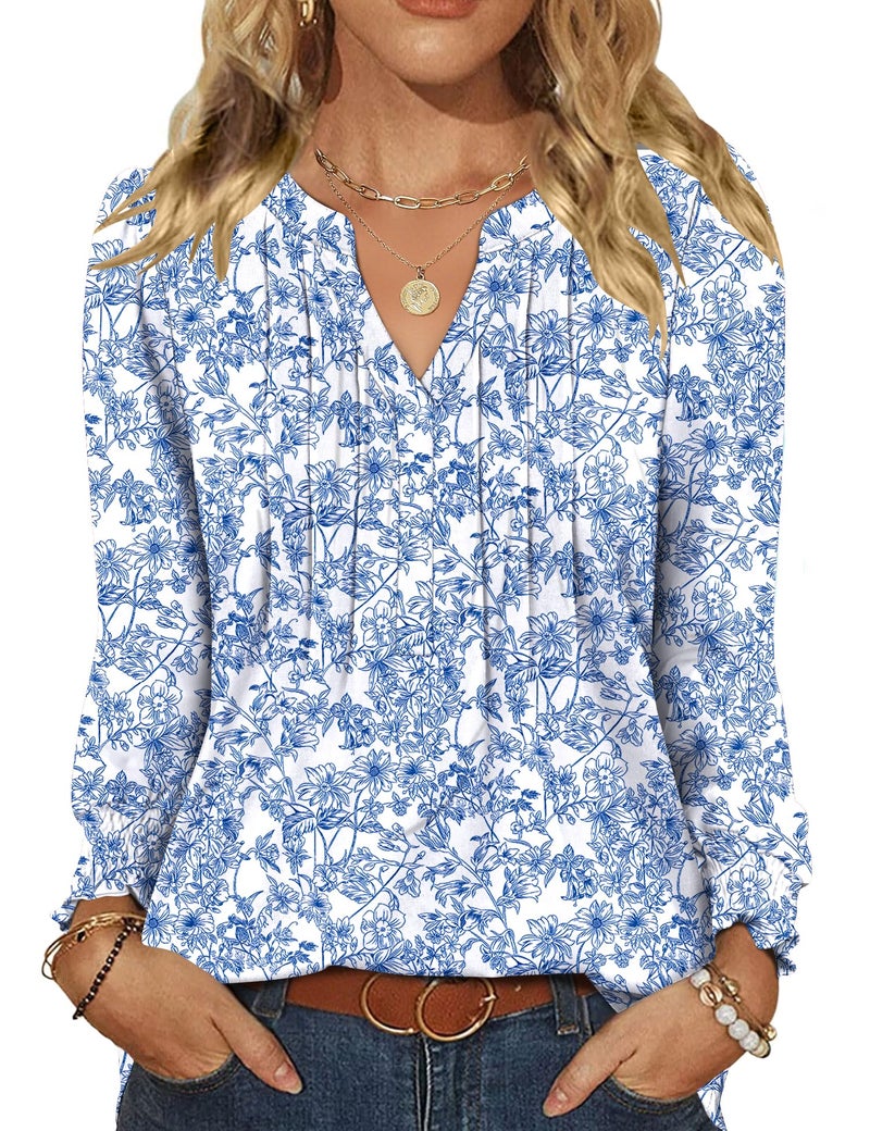 LOMON Business Casua Tops for Women Trendy Floral Top Womens Long Sleeve Tops Pleated V Neck Fall Winter Basic Tees for Women White Blue Floral L - Image 1