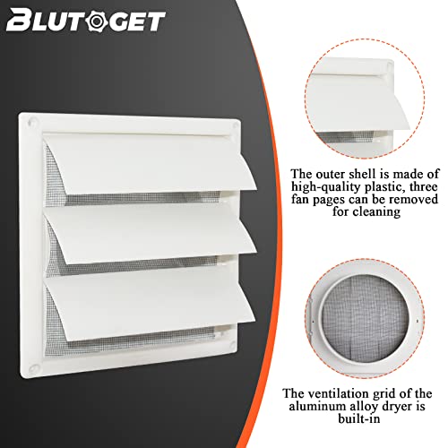 Blutoget 6" Louvered exhaust Vent Cover 8" x 8" Oversize dryer outlet cover for Exterior Wall Vent Hood Outlet Airflow - 6 Inch Vent Cover Exterior with 4 Vent Screen Screw (White) - Image 4
