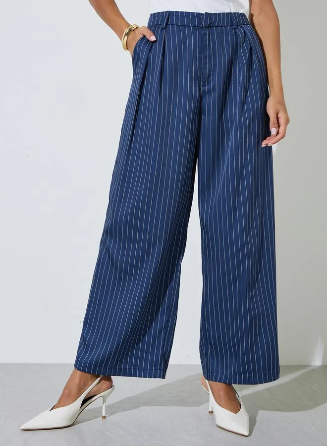 Styli Navy Blue Pinstripe Wide Leg Trousers