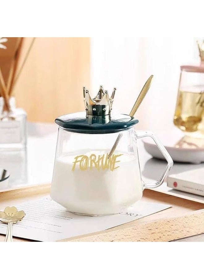Glass Crown Mug with Lid and Spoon, 300ml Capacity, Gold and Clear - Image 4