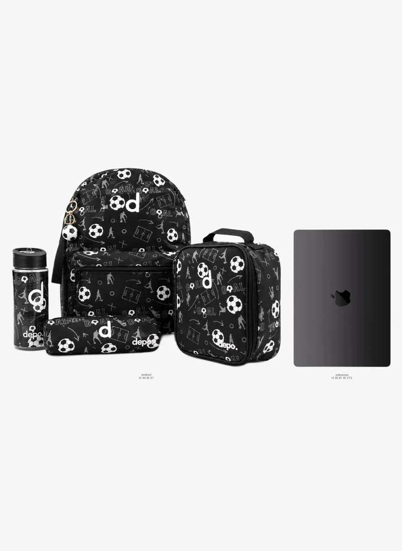 Depo DEPO Black Soccer Ball Print 4-Piece School Backpack Set – 44cm Backpack, Insulated Lunch Bag, Pencil Case & 500ml BPA-Free Water Bottle | Lightweight & Water-Resistant