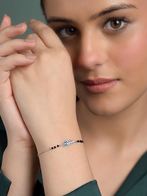Clara 925 Sterling Silver Hiya Morpankh Hand Mangalsutra Adjustable Bracelet With Black Beads Chain | Platinum Plated, Swiss Zirconia | Gift For Wife - Image 3