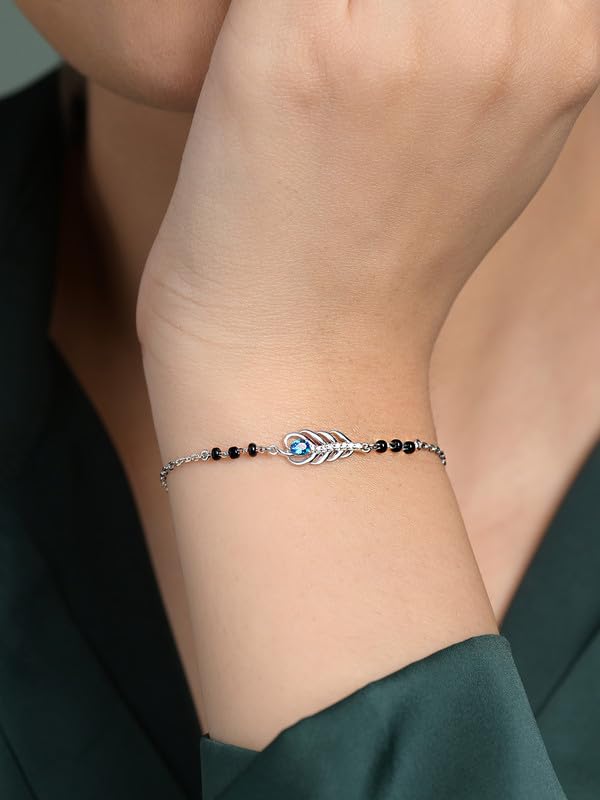 Clara 925 Sterling Silver Hiya Morpankh Hand Mangalsutra Adjustable Bracelet With Black Beads Chain | Platinum Plated, Swiss Zirconia | Gift For Wife - Image 4