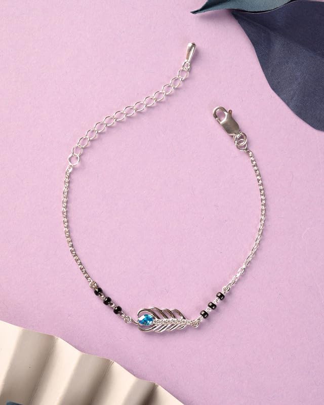 Clara 925 Sterling Silver Hiya Morpankh Hand Mangalsutra Adjustable Bracelet With Black Beads Chain | Platinum Plated, Swiss Zirconia | Gift For Wife - Image 2
