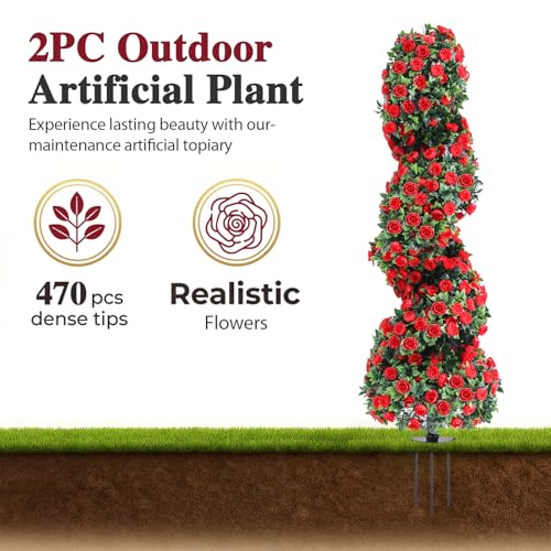 PATIO CHOICE 3ft Artificial Topiary Spiral Trees with Rose Set of 2 36" High End Outdoor Faux Plants Realistic Faux Bushes and Shrubs Decorations for Outdoor Front Porch Garden - Image 2
